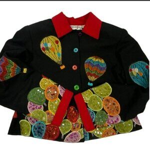 Vintage Anage Black Hot Air Balloons Button Down Jacket Sequins Patchwork 80s S